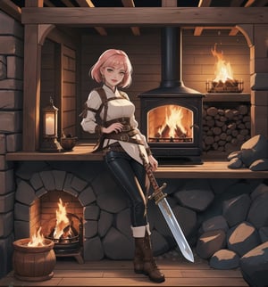 An ultra-detailed 16K masterpiece with a warm, fantasy style, rendered in ultra-high resolution with realistic details. | Brynhildr, a 30-year-old woman, is dressed in a Viking warrior outfit consisting of brown leather armor, a white tunic, black pants, and brown leather boots. She also wears a metal helmet with horns, metal bracelets on her wrists, a brown leather belt around her waist, and a sword in her scabbard. Her short pink hair is tousled in a modern, shaggy cut. Her golden eyes are looking straight at the viewer as she smiles and shows her teeth, wearing bright red lipstick and war paint on her face. It is located in a wooden and stone house with rock structures, wooden structures and a rock stove around it. The light from the fire illuminates the place, creating a warm and welcoming atmosphere. | The image highlights Brynhildr's sensual figure and the architectural elements of the wooden and stone house. The rock structures, wooden structures and rock stove create a warm and welcoming environment. The light from the fire illuminates the scene, creating dramatic shadows and highlighting the details of the scene. | Warm, colorful lighting effects create a warm and welcoming atmosphere, while rough, detailed textures on the wooden structures and costume add realism to the image. | A sensual and cozy scene of a Viking warrior woman in a wooden house with stone, fusing elements of cozy art and fantasy. | (((The image reveals a full-body shot as Brynhildr assumes a sensual pose, engagingly leaning against a structure within the scene in an exciting manner. She takes on a sensual pose as she interacts, boldly leaning on a structure, leaning back and boldly throwing herself onto the structure, reclining back in an exhilarating way.))). | ((((full-body shot)))), ((perfect pose)), ((perfect limbs, perfect fingers, better hands, perfect hands, hands))++, ((perfect legs, perfect feet))++, ((huge breasts)), ((perfect design)), ((perfect composition)), ((very detailed scene, very detailed background, perfect layout, correct imperfections)), Enhance++, Ultra details++, More Detail++