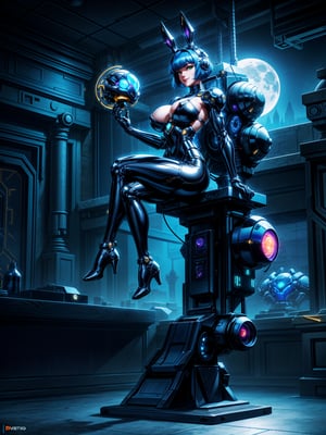 A woman, wearing black rabbit robotic costume with blue parts+mecha costume with bright lights+golden armor, gigantic+firm breasts, blue hair, very short hair, chanel hair with bangs, bangs in front of the eyes, rabbit ears helmet on the head, looking at the viewer, (((erotic pose interacting and leaning on an object)))), in a cybernetic temple with machines,  altars, robots, teleportation, mountain backgrounds made of cybernetic style metal at night with a moon made of metal at the top right, ((full body):1.5). 16k, UHD, best possible quality, ((best possible detail):1), best possible resolution, Unreal Engine 5, professional photography, ((Super Metroid)), perfect_hands