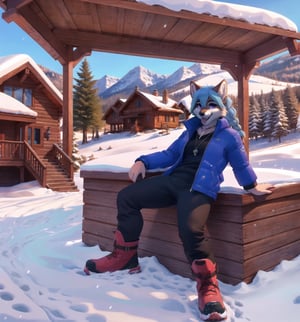 Image in winter, rustic, mountainous, happy, and casual style, rendered in ultra-high resolution with realistic details. | Vallyna, a 33-year-old wolf-woman, is positioned at the entrance of a wooden house in the snowy mountains. She wears a feminine ski outfit consisting of a blue ski jacket, black ski pants, white ski gloves, ski goggles, and ski boots. She has long blue hair with a braid on the left side and a large bang. Her purple eyes stare fixedly at the viewer while she smiles, showing her teeth, mouth open, tongue out, and drool dripping. She also wears a silver necklace with a wolf pendant, leather bracelets, and a silver ring with a purple gemstone. | The scene features the wooden house with shuttered windows, a porch with wooden chairs, and a stone path that leads to the entrance. Wooden structures, snow, trees, rocks, and mountains are part of the scenery. | Composition in a wide-angle shot, emphasizing Vallyna's figure and the architectural elements of the house. Natural lighting from the sun creates soft shadows and highlights the details of the scene. | Soft and bright lighting effects create a happy and casual atmosphere, while detailed textures in the snow, wood, and rocks add realism to the image. | A happy and casual scene of Vallyna, a wolf-woman, at the entrance of a wooden house in the snowy mountains. | (((((The image reveals a full-body_shot as she assumes a relaxed_pose, engagingly leaning against a structure within the scene in an relaxed manner. She takes on a relaxed_pose as she interacts, boldly leaning on a structure, leaning back in an relaxed way))))) | ((perfect anatomy, perfect body, perfect_pose)), ((full-body_shot)), ((perfect fingers, better hands, perfect hands, perfect legs, perfect feet)), ((perfect design)), ((correct errors):1.2), ((perfect composition)), ((very detailed scene, very detailed background, correct imperfections, perfect layout):1.2), ((More Detail, Enhance)), Boltedgoddess
