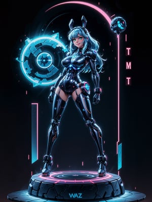 A woman, wearing black rabbit robotic costume with blue parts+mecha costume with bright lights+golden armor, gigantic+firm breasts, blue hair, very short hair, chanel hair with bangs, bangs in front of the eyes, rabbit ears helmet on the head, looking at the viewer, (((erotic pose interacting and leaning on an object)))), in a cybernetic temple with machines,  altars, robots, teleportation, mountain backgrounds made of cybernetic style metal at night with a moon made of metal at the top right, ((full body):1.5). 16k, UHD, best possible quality, ((best possible detail):1), best possible resolution, Unreal Engine 5, professional photography, ((Super Metroid)), perfect_hands