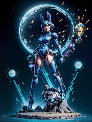 A woman, wearing black rabbit robotic costume with blue parts+mecha costume with bright lights+golden armor, gigantic+firm breasts, blue hair, very short hair, chanel hair with bangs, bangs in front of the eyes, rabbit ears helmet on the head, looking at the viewer, (((erotic pose interacting and leaning on an object)))), in a cybernetic temple with machines,  altars, robots, teleportation, mountain backgrounds made of cybernetic style metal at night with a moon made of metal at the top right, ((full body):1.5). 16k, UHD, best possible quality, ((best possible detail):1), best possible resolution, Unreal Engine 5, professional photography, ((Super Metroid)), perfect_hands