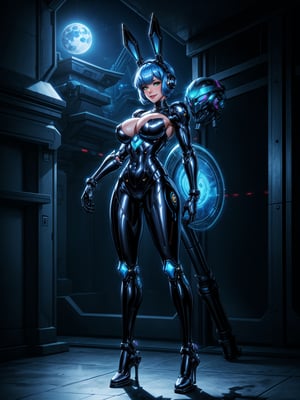 A woman, wearing black rabbit robotic costume with blue parts+mecha costume with bright lights+golden armor, gigantic+firm breasts, blue hair, very short hair, chanel hair with bangs, bangs in front of the eyes, rabbit ears helmet on the head, looking at the viewer, (((erotic pose interacting and leaning on an object)))), in a cybernetic temple with machines,  altars, robots, teleportation, mountain backgrounds made of cybernetic style metal at night with a moon made of metal at the top right, ((full body):1.5). 16k, UHD, best possible quality, ((best possible detail):1), best possible resolution, Unreal Engine 5, professional photography, ((Super Metroid)), perfect_hands