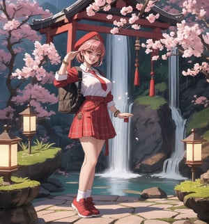 An ultra-detailed 16K masterpiece with mystical and enchanting styles, rendered in ultra-high resolution with realistic details. | Sakura, a young 23-year-old woman with huge breasts, is dressed in a schoolgirl uniform consisting of a white blouse, red and white plaid skirt, red tie and white sneakers. She also wears a white cap with the school emblem, gold cherry blossom earrings, red leather bracelets with metal details on the cuffs, and a red backpack. Her short pink hair is tousled in a modern, shaggy cut. Her red eyes are looking straight at the viewer, while she ((smiles and shows her teeth)), wearing bright red lipstick and war paint on her face. It is located in a temple in a waterfall with hot springs, with rock structures, wooden structures and an altar. The background of the scene shows tall, rugged mountains. It is raining heavily and the place is lit by lamps that create a mystical and enchanting atmosphere. | The image highlights Sakura's sensual figure and the temple's architectural elements. The rock and wooden structures, along with Sakura, the altar, the pillars and the mystical sculptures, create an enchanting and seductive environment. The lamps illuminate the scene, creating dramatic shadows and highlighting the details of the scene. | Soft, colorful lighting effects create a mystical and enchanting atmosphere, while rough, detailed textures on structures and costumes add realism to the image. | A sensual and enchanting scene of a young woman in a temple in a waterfall with hot springs, fusing elements of mystical and enchanting art. | (((The image reveals a full-body shot as Sakura assumes a sensual pose, engagingly leaning against a structure within the scene in an exciting manner. She takes on a sensual pose as she interacts, boldly leaning on a structure, leaning back and boldly throwing herself onto the structure, reclining back in an exhilarating way.))). | ((((full-body shot)))), ((perfect pose)), ((perfect limbs, perfect fingers, better hands, perfect hands, hands))++, ((perfect legs, perfect feet))++, ((huge breasts)), ((perfect design)), ((perfect composition)), ((very detailed scene, very detailed background, perfect layout, correct imperfections)), Enhance++, Ultra details++, More Detail++