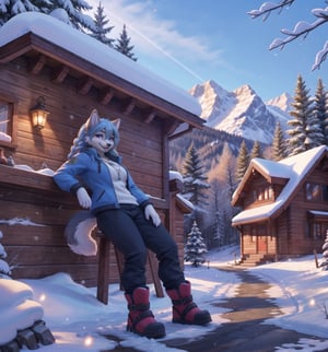 Image in winter, rustic, mountainous, happy, and casual style, rendered in ultra-high resolution with realistic details. | Vallyna, a 33-year-old wolf-woman, is positioned at the entrance of a wooden house in the snowy mountains. She wears a feminine ski outfit consisting of a blue ski jacket, black ski pants, white ski gloves, ski goggles, and ski boots. She has long blue hair with a braid on the left side and a large bang. Her purple eyes stare fixedly at the viewer while she smiles, showing her teeth, mouth open, tongue out, and drool dripping. She also wears a silver necklace with a wolf pendant, leather bracelets, and a silver ring with a purple gemstone. | The scene features the wooden house with shuttered windows, a porch with wooden chairs, and a stone path that leads to the entrance. Wooden structures, snow, trees, rocks, and mountains are part of the scenery. | Composition in a wide-angle shot, emphasizing Vallyna's figure and the architectural elements of the house. Natural lighting from the sun creates soft shadows and highlights the details of the scene. | Soft and bright lighting effects create a happy and casual atmosphere, while detailed textures in the snow, wood, and rocks add realism to the image. | A happy and casual scene of Vallyna, a wolf-woman, at the entrance of a wooden house in the snowy mountains. |  (((((The image reveals a full-body_shot as she assumes a relaxed_pose, engagingly leaning against a structure within the scene in an relaxed manner. She takes on a relaxed_pose as she interacts, boldly leaning on a structure, leaning back in an relaxed way))))) | ((perfect anatomy, perfect body, perfect_pose)), ((full-body_shot)), ((perfect fingers, better hands, perfect hands, perfect legs, perfect feet)), ((huge_bust)), ((firm_bust, perfect_bust)), ((perfect design)), ((correct errors):1.2), ((perfect composition)), ((very detailed scene, very detailed background, correct imperfections, perfect layout):1.2), ((More Detail, Enhance))