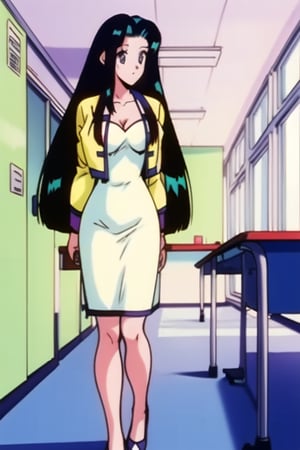1girl.(ritsuko_nube),long hair, purple eyes,yellow jacket, yellow dress,neckline,open jacket,heels,on school