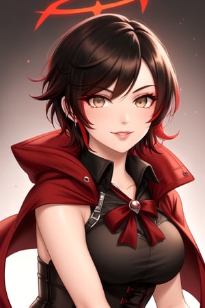 ruby rose, rwby, solo, close-up, portrait, looking at viewer, come hither, seductive smile, naughty face, lips, multicolored hair, two-tone hair, gradient hair, black hair, short hair, colored tips, spiky hair, grey eyes, glowing eyes, halo, tanned, biceps, toned, black eyeshadow, corset, red cloak, masterpiece, natural lighting, photorealistic, beautiful eyes, smooth skin, sharp focus, highly detailed, best quality, ultra detailed, absurdres, extremely detailed eyes