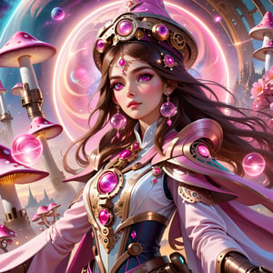 masterpiece, best quality, illustration, full body facing viewer, a beautiful witch casting a spell with planets around her, ornate white pink and gold wizard clothes, white and pink wizard hat with pink jewels, elegant, detailed celestial environment, luminous mushrooms,  (dynamic lighting:1.2), cinematic lighting, delicate elegant facial features, detailed eyes, pink eyes, long brunette hair, realistic pupils, depth of field, sharp focus, (hyper-detailed, bloom, glow:1.4), brown hair, full lips, bright pink eyes, mystical atmosphere, kind face, sexy,Science Fiction,greg rutkowski,steampunk style,mecha
