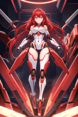 centered, upper body, masterpiece, | 1girl, solo, pure face, (crimson hair color), long fluffy hair, light red eyes, full body, robotic legs, robotics arms, robotic body, robotic hands, futiristic, robotic, mechanical, armored, standing, (red robotic body), mecha, | bokeh, depth of field, vaporwave colors scheme, | 