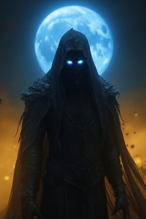 A mysterious figure with glowing blue eyes, set against a backdrop of a large, luminous blue moon. The figure appears to be cloaked in dark, flowing fabric that billows around them, giving an ethereal and otherworldly vibe. The color palette is dominated by warm tones of orange and yellow, contrasting with the cool blue of the moon and the figure's eyes. The setting seems to be a vast, open landscape, possibly a desert or a barren plain, with the moon casting a soft glow over the scene. ,GothicGrace