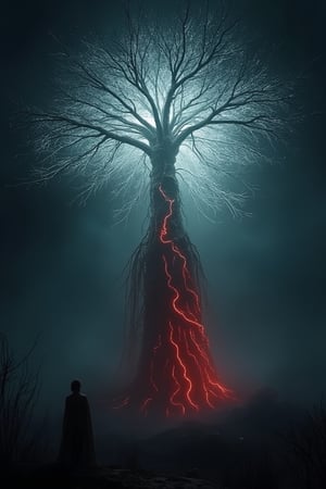 A surrealistic scene of a tree with glowing, white roots that seem to emanate light. The tree stands tall against a dark, misty background, with its branches reaching upwards. The roots, which are predominantly red, appear to be tangled and intertwined. At the base of the tree, there's a silhouette of a person, possibly observing or interacting with the tree. The overall ambiance of the image is mysterious and ethereal. ,Fantasy Regal Artgem