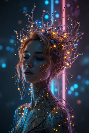 A surrealistic representation of a female figure. Her head is adorned with intricate, branching tendrils that radiate outwards, intertwining with glowing orbs and dots. These tendrils appear to be made of a metallic or crystalline material, and they are interspersed with luminescent blue and gold details. The background is a blend of deep blues and purples, suggesting a night sky or an otherworldly realm. The figure's face is calm, with her eyes closed, and she seems to be in a state of meditation or deep thought.,LyraEcho,lyraecho,cyberwoman