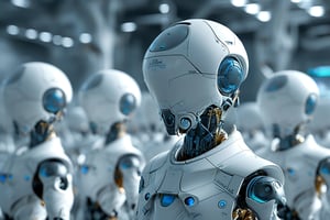 A stunning 3D render of an army of sleek, white robots with blue accents around their necks and eyes. They stand in perfect alignment in a futuristic factory or laboratory setting. Each robot has a humanoid design with two arms and two legs, exhibiting a blend of advanced technology and life-like features. Their compact, geometric forms contrast with the vast, blurred background, hinting at the immense scale of their environment. This captivating image has a cinematic quality, perfect for a movie poster, evoking a sense of awe and anticipation., poster, 3d render, cinematic