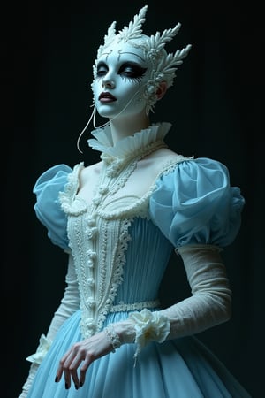 A figure, seemingly an ethereal or ghostly entity, wearing a vintage, ornate dress in shades of blue and white. The dress has intricate ruffles and laces. The figure's head is covered with a white mask, which has a unique design with black markings around the eyes. The entity appears to be reaching out with its hands, which are long and delicate, and is set against a dark, moody background. ,Fantasy Regal Artgem