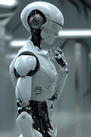 A photo of a sleek, metallic humanoid robot with a white body and darker accents. The robot is positioned in the center, with its left arm raised and its right hand resting on its chin, as if in deep thought. The background is blurred, suggesting rapid movement or a high-speed environment. The robot's body has multiple joints and mechanical components visible.