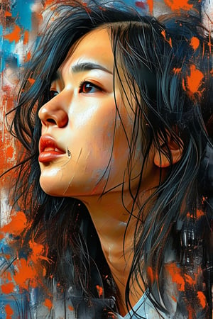 A mesmerizing abstract acrylic portrait of a young Japanese woman captures her rugged and enigmatic profile, with unruly hair spilling down her back. The bold, expressive brushstrokes frame her face and highlight her unique features. The warm oranges and deep reds of the background provide a striking contrast to her cool-toned skin. Irregular fluid lines and splattered ink add depth and texture, while dynamic knife strokes emphasize the motion and energy of the piece. The artist's masterful use of contrast lighting, knife-paint technique, irregular lines, deep-toned backdrop, vibrant color blending, digital/analog hybrid, detailed textures, multi-layered composition, high-definition quality, and vivid style culminate in a captivating and unforgettable portrait.