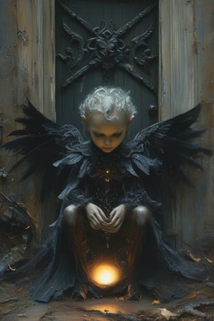 A captivating dark fantasy scene, expertly captured in a hauntingly beautiful cinematic portrait. A small, enigmatic humanoid figure with glowing red eyes is seated amidst the dimly lit forest, dressed in exquisite dark attire. The figure is deeply engaged with a mesmerizing luminous orb, its radiance contrasting with the surrounding shadows. A striking dark door adorned with ornate carvings, also emitting a soft glow, casting eerie shadows across the forest floor. Scattered twigs and debris add to the enigmatic atmosphere, making this cinematic portrait an alluring and mysterious work of art., cinematic, portrait photography, poster, dark fantasy