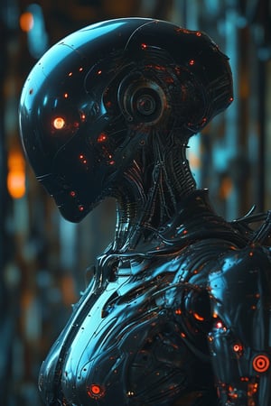 A striking dark fantasy poster featuring a humanoid robotic head with a sleek, matte finish. The robot's glowing red eyes pierce the surrounding darkness, casting an intense and eerie atmosphere. The muted blue background adds to the mysterious and captivating ambiance. The robot's neck and upper torso are visible, hinting at a full-body presence, while the rest remains obscured by the frame. This captivating image draws the viewer into the mysterious world of this robotic being., cinematic, poster, dark fantasy