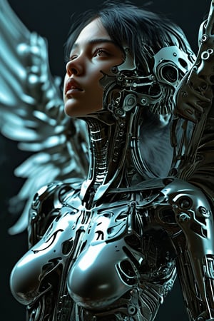 A stunning 3D render of a fallen angel woman, exquisitely designed with a mesmerizing blend of hyper-realistic and cyberpunk elements. Her weathered cyborg body is intricately detailed, featuring bioluminescent accents that seem to glow in the darkness. Dramatic lighting casts elongated shadows, intensifying the allure and enigma of her form. The background is a deep, dark void, allowing her ethereal beauty to take center stage. The overall composition evokes a cinematic and conceptual art aesthetic, reminiscent of ukiyo-e style., vibrant, cinematic, ukiyo-e, 3d render, conceptual art, photo