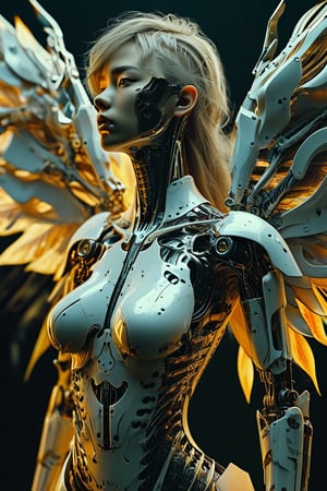 A stunning 3D render of a fallen angel woman, exquisitely designed with a mesmerizing blend of hyper-realistic and cyberpunk elements. Her weathered cyborg body is intricately detailed, featuring bioluminescent accents that seem to glow in the darkness. Dramatic lighting casts elongated shadows, intensifying the allure and enigma of her form. The background is a deep, dark void, allowing her ethereal beauty to take center stage. The overall composition evokes a cinematic and conceptual art aesthetic, reminiscent of ukiyo-e style., vibrant, cinematic, ukiyo-e, 3d render, conceptual art, photo