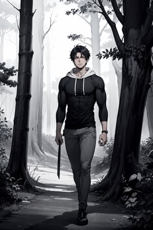 grayscale, detailed drawing, japanese manga, Panel shows Aiden walking through the forest, his hoodie pulled tightly around him to combat the chilly wind. The trees loom ominously above him, casting long shadows across the ground. The leaves rustle softly as he passes by. Aiden's eyes are wide with a mix of fear and exhilaration. His shirt sleeves are rolled up, revealing muscular forearms.