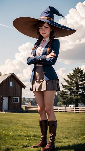 grass, 1girl, boots, solo, outdoors, day, sky, hat, crossed arms, cloud, blue sky, looking at viewer, brown eyes, skirt, brown footwear, braid, smile, standing, building, full body, closed mouth, witch hat, house, wooden fence, bangs, brown hair, blush, object hug, long hair, cloudy sky