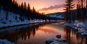 masterpiece, high quality, forest, sunset, river, salmon run, winter