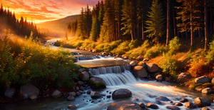 masterpiece, high quality, forest, sunset, river, salmon run,