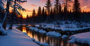 masterpiece, high quality, forest, sunset, river, salmon run, winter