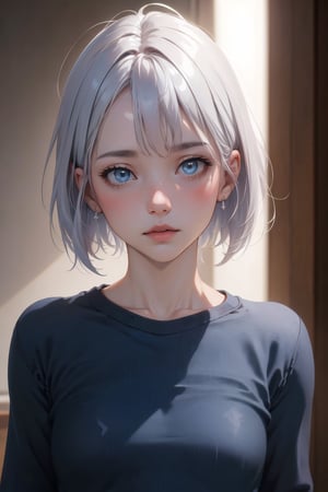 1girl, young:1.3 , hair silver short bob long, photo,8k,sharp focus, face beautiful, Best quality, masterpiece, ultra high res, (photorealistic:1.4), raw photo,  cinematic lighting, pullover shirt pink gradient blue