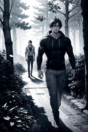 grayscale, detailed drawing, japanese manga, Panel shows Aiden walking through the forest, his hoodie pulled tightly around him to combat the chilly wind. The trees loom ominously above him, casting long shadows across the ground. The leaves rustle softly as he passes by. Aiden's eyes are wide with a mix of fear and exhilaration. His shirt sleeves are rolled up, revealing muscular forearms.