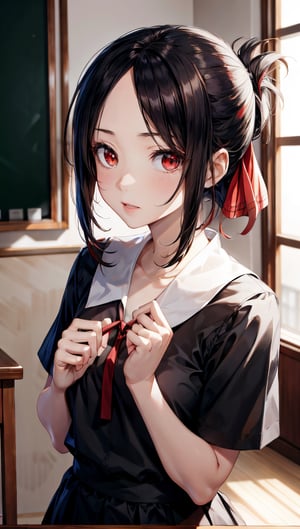 kaguyashinomiya, ,kaguya shinomiya, folded ponytail, forehead, hair ribbon, (red eyes:1.5), red ribbon, ribbon, short hair, sidelocks, (small breast:1.2),BREAK black dress, dress, pinafore dress, school uniform, shirt, short sleeves, shuuchiin academy school uniform, white shirt,BREAK looking at viewer,BREAK indoors, classroom,BREAK , (masterpiece:1.2), best quality, high resolution, unity 8k wallpaper, (illustration:0.8), (beautiful detailed eyes:1.6), extremely detailed face, perfect lighting, extremely detailed CG, (perfect hands, perfect anatomy),