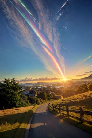 scenery, no_humans, sky, cloud, tree, outdoors, shooting_star, road, grass, mountain, star_\(sky\), nature, sunset, cloudy_sky, forest, starry_sky, path, sun, sunlight, landscape, blue_sky, mountainous_horizon, hill, horizon, river, lens_flare, diffraction_spikes, pine_tree, gradient_sky, sunrise, power_lines, night, twilight, field, rural, meteor_shower, blurry, comet, light_rays, day, plant, night_sky, evening, light_particles, orange_theme, depth_of_field, condensation_trail, utility_pole, orange_sky, lake, falling_star, water, dutch_angle, yellow_sky, bare_tree, meteor, multicolored, house, reflection, sunbeam, dusk, signature, valley, building, bush, blurry_foreground
