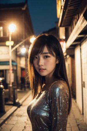 Raw photo of Chinese females, Pure face,  casual sexy dress, highly detailed, shot on film, film grain, posing at old streets of  jiufen, nighttime night streetlight