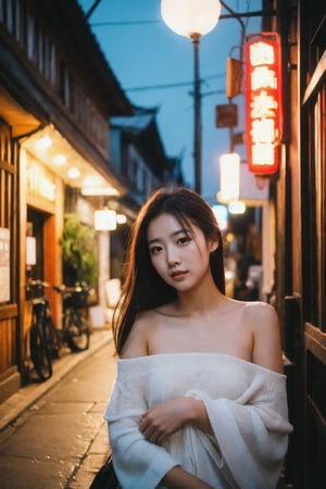 Raw photo of Chinese females, Pure face,  (off-shoulder) sexy hanfu, highly detailed, shot on film, film grain, posing at old streets of  jiufen, nighttime night streetlight, wooden wall