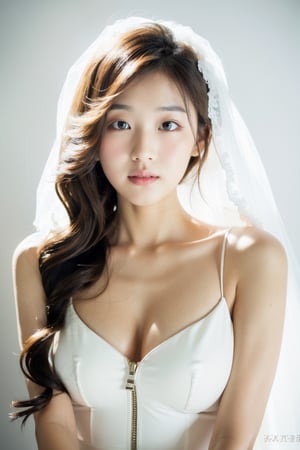beautiful girl, pure face,
Wedding dress unzipped, sexy, soft light, pastel white background