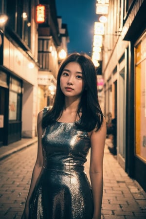 Raw photo of Chinese females, Pure face,  summer dress, highly detailed, shot on film, film grain, posing at old streets of  jiufen, nighttime night streetlight