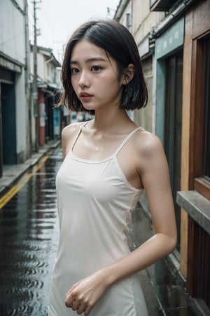 Raw photo of Taiwanese 18 years old girl, Pure face,  (seductive qipao), bare shoulder, camisole,   highly detailed, shot on film, film grain, old streets of  taiwan, rain, wet, view from top