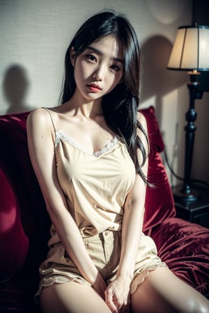 beautiful Korean girl, detailed big eyes, detailed  long hair, detailed face, detailed lips,
detailed lace camisole, (((erotic))), detailed short pants,
sharp focus, raw photo, shot with Sony A7, soft light, ultra realistic