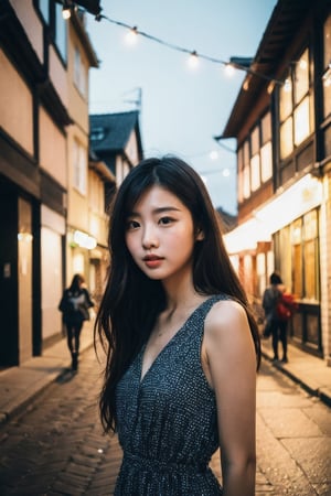 Raw photo of Chinese females, Pure face,  summer dress, highly detailed, shot on film, film grain, old streets of  jiufen, nighttime night streetlight