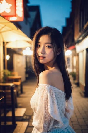 Raw photo of Chinese females, Pure face,  (off-shoulder) sexy dress, highly detailed, shot on film, film grain, posing at old streets of  jiufen, nighttime night streetlight