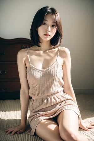 (sitting:1.5), ((stripping)), beautiful Korean girl, detailed eyes, detailed hair, detailed face, detailed lips,
detailed camisole, detailed short skirt,
sharp focus, raw photo, shot with Sony A7, soft light, ultra realistic