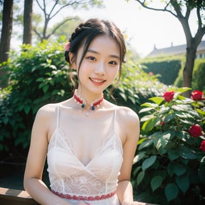 pretty 19 years old Chinese girl, light makeup, smiling, braided hair, cheongsam, lace, (topless:1.2), camisole, upper body, photorealistic, analog, realism, rose, garden, outdoor, (looking at viewer), creamy bokeh, zeiss lens, Fujifilm XT3