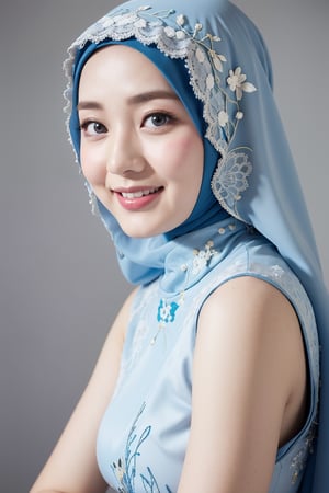 25 years old Malay woman, blue eyes, pure face, light smile, hijab, Embroidery cheongsam, lace, pastel grey background, medium shot
