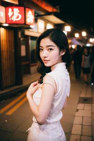 Raw photo of Chinese females, Pure pretty face, detailed qipao , highly detailed, shot on film, film grain, posing at old streets of  jiufen, nighttime night streetlight, wooden wall