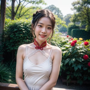 pretty 19 years old Chinese girl, light makeup, smiling, braided hair, cheongsam, lace, (nsfw:1.2), camisole, upper body, photorealistic, analog, realism, rose, garden, outdoor, (looking at viewer), creamy bokeh, zeiss lens, Fujifilm XT3