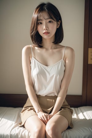 (sitting:1.5), beautiful Korean girl, detailed eyes, detailed hair, detailed face, detailed lips,
detailed camisole, detailed short skirt,
sharp focus, raw photo, shot with Sony A7, soft light, ultra realistic