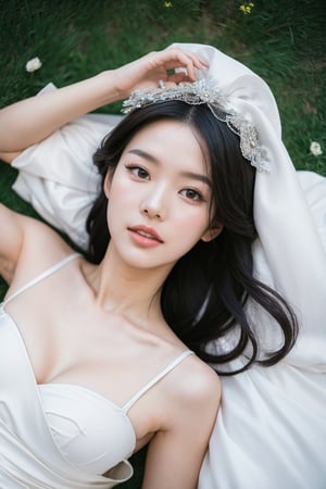 beautiful Korean bride, detailed eyes, detailed hair, detailed pure face, detailed lips,
detailed sexy wedding dress,
sharp focus, raw photo, shot with Sony A7, soft light, ultra realistic, lying down on grass and flowers, roses, toples, topless, 