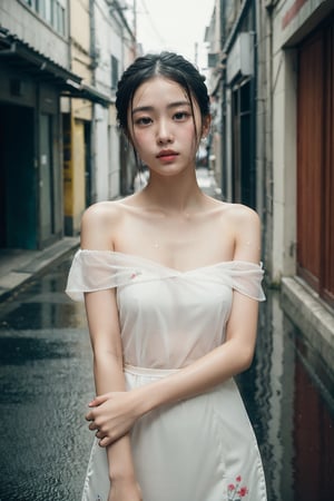 Raw photo of Taiwanese 18 years old girl, Pure face,  (seductive qipao), bare shoulder, camisole,   highly detailed, shot on film, film grain, old streets of  taiwan, rain, wet, view from top