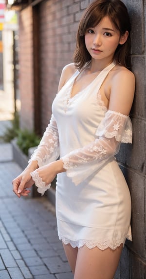  (soft light, bokeh:1.2), 
BREAK,
Sexy, (upper body), thin, medium breast,
BREAK, ((((((white halter dress)))))), (((see through))), 
BREAK,
((lace sleeve)),
outdoor, old streets of Taiwan