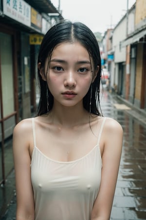 Raw photo of Taiwanese 18 years old girl, Pure face,  (seductive Willa), bare shoulder, camisole,   highly detailed, shot on film, film grain, old streets of  taiwan, rain, wet, view from top